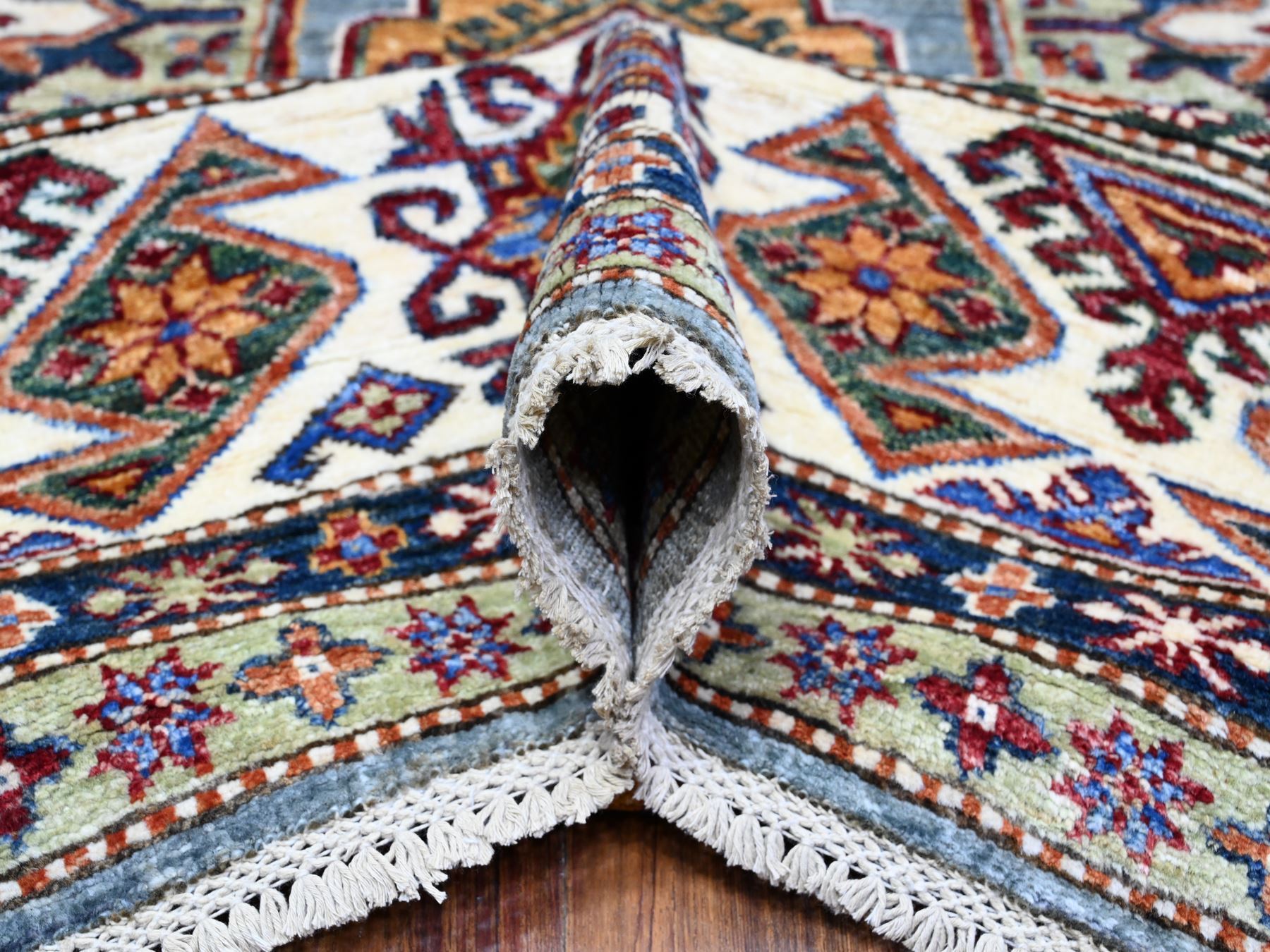 9'x12'5" Normandy Gray With Ivory Border, Hand Knotted All Over Tribal and Geometric Motifs, Velvety Wool, Natural Dyes, Afghan Super Kazak Oriental Rug HR89422 - Image 5