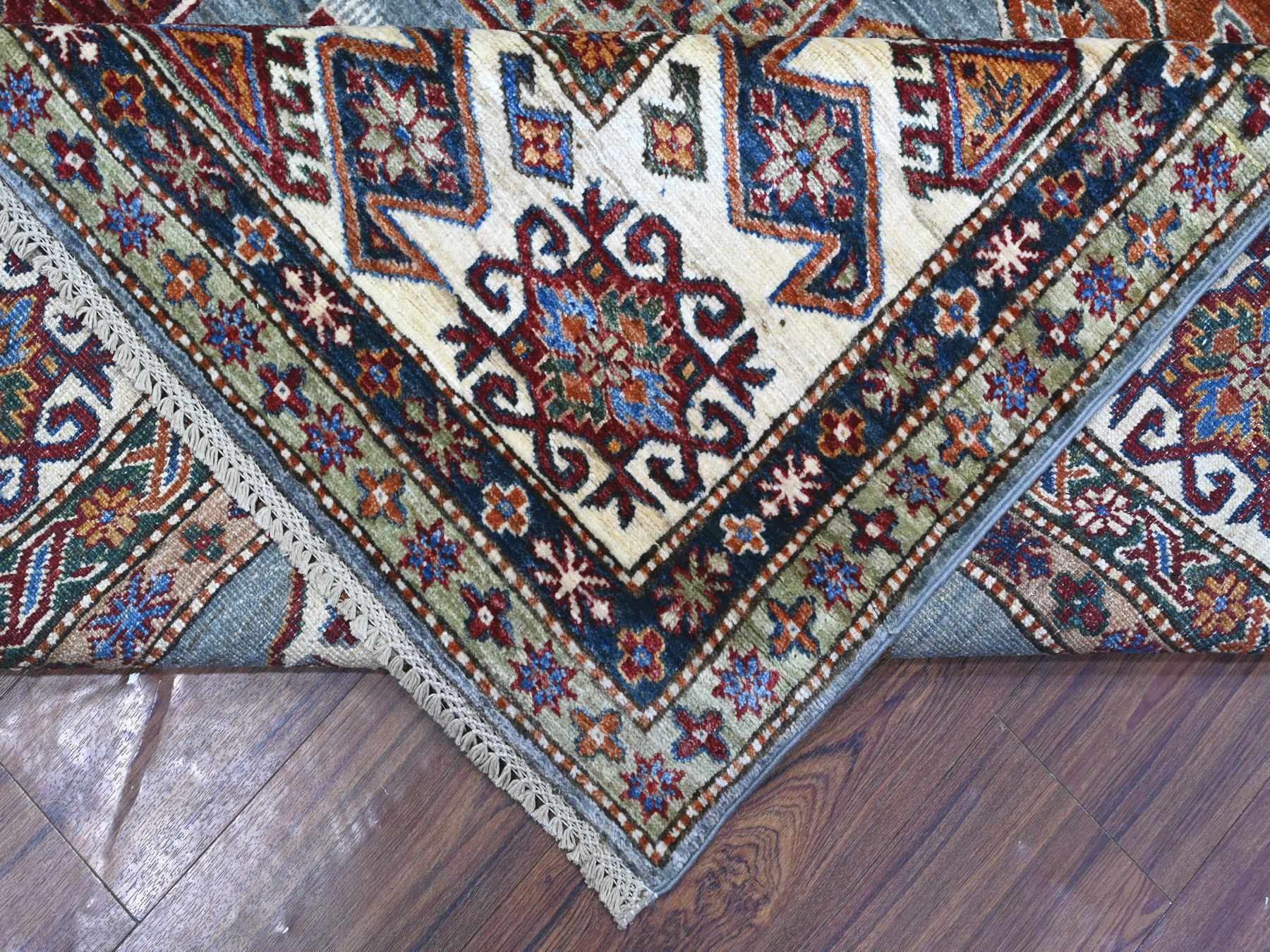 9'x12'5" Normandy Gray With Ivory Border, Hand Knotted All Over Tribal and Geometric Motifs, Velvety Wool, Natural Dyes, Afghan Super Kazak Oriental Rug HR89422 - Image 6