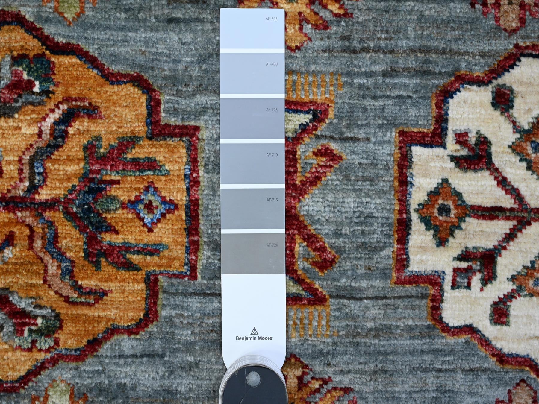 9'x12'5" Normandy Gray With Ivory Border, Hand Knotted All Over Tribal and Geometric Motifs, Velvety Wool, Natural Dyes, Afghan Super Kazak Oriental Rug HR89422 - Image 7