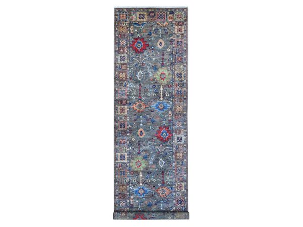 4'x16'1" Corporate Gray, Aryana Collection, Natural Dyes, Extra Soft Wool, Ziegler Mahal All Over Colorful Design, Hand Knotted, Wide Runner Oriental Rug HR89669