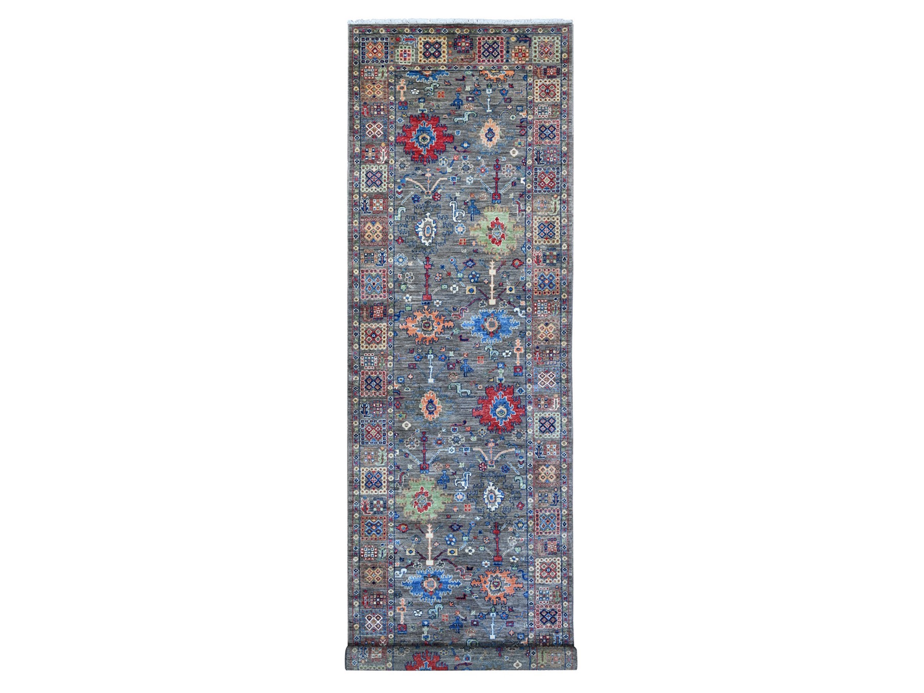 4'x16'1" Corporate Gray, Aryana Collection, Natural Dyes, Extra Soft Wool, Ziegler Mahal All Over Colorful Design, Hand Knotted, Wide Runner Oriental Rug HR89669