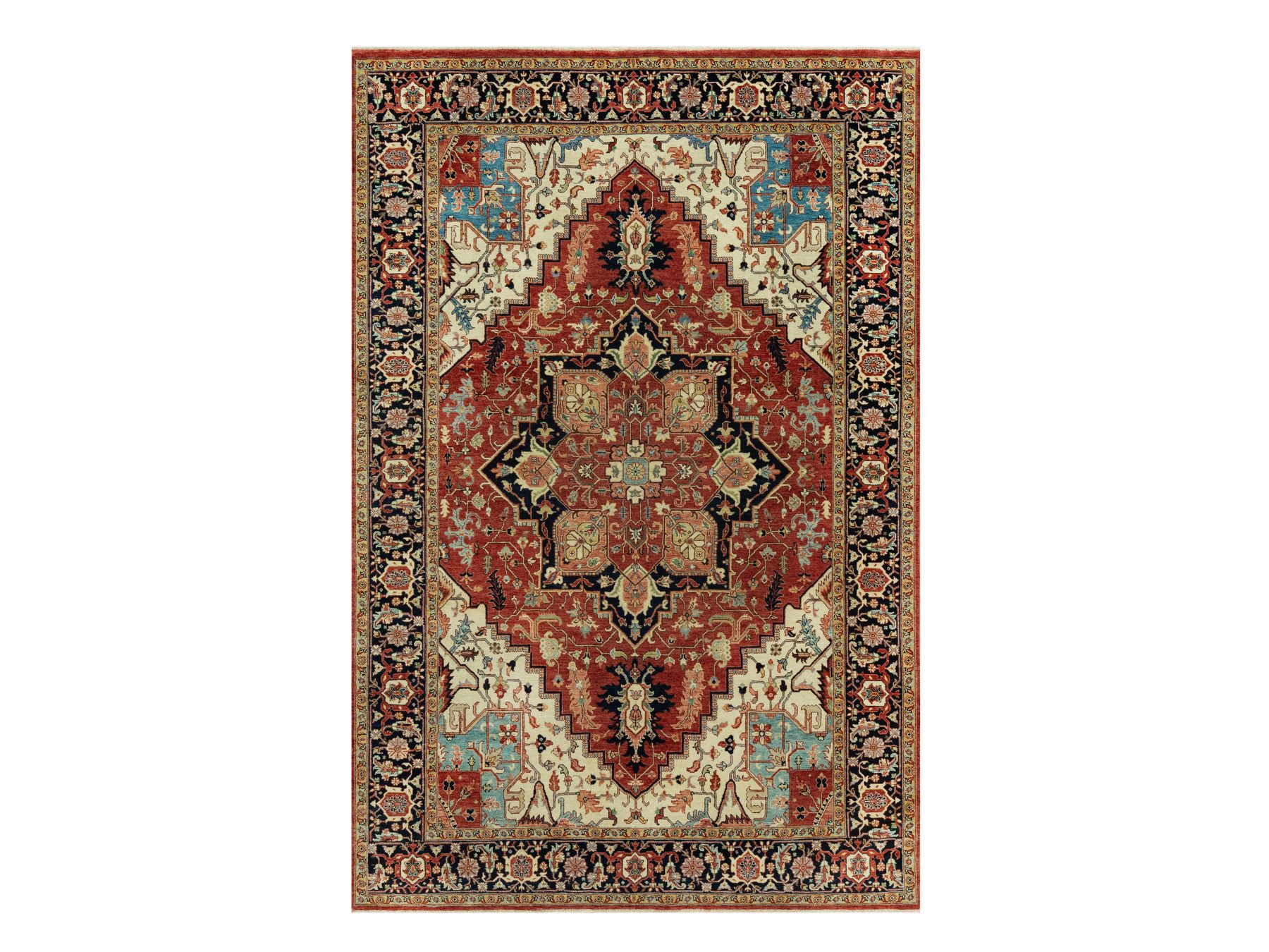6'x9'1" Tanager Red With Club Navy Blue, Antiqued Fine Heriz, Re-Creation, Hand Knotted All Wool Plush Pile, Densely Woven, Vegetable Dyes, Oriental Rug HR90643