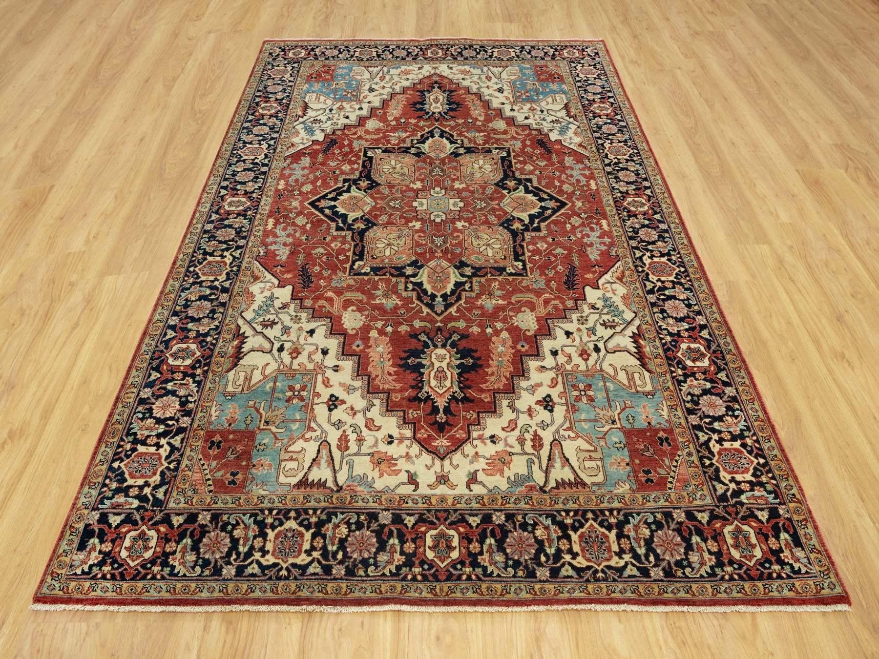 6'x9'1" Tanager Red With Club Navy Blue, Antiqued Fine Heriz, Re-Creation, Hand Knotted All Wool Plush Pile, Densely Woven, Vegetable Dyes, Oriental Rug HR90643 - Image 2