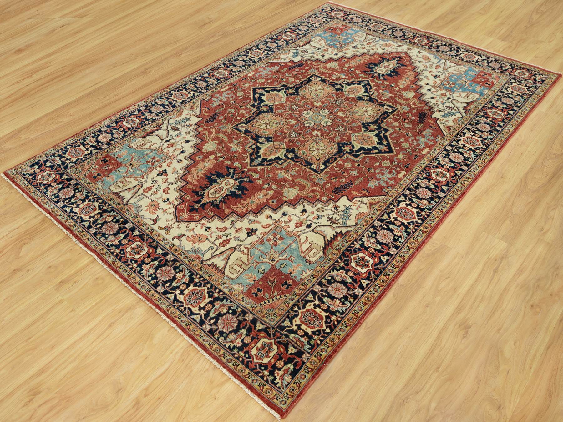 6'x9'1" Tanager Red With Club Navy Blue, Antiqued Fine Heriz, Re-Creation, Hand Knotted All Wool Plush Pile, Densely Woven, Vegetable Dyes, Oriental Rug HR90643 - Image 3