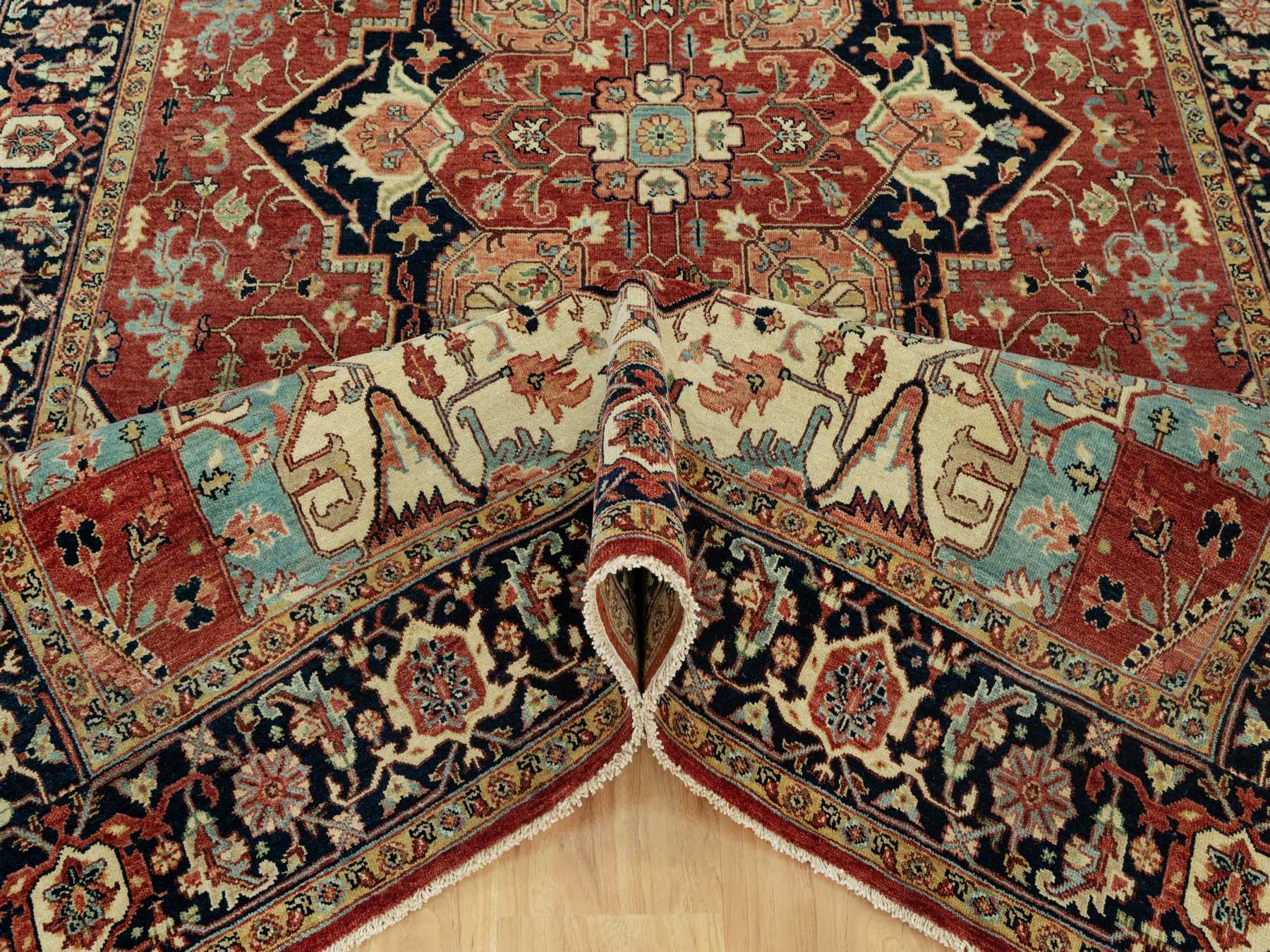 6'x9'1" Tanager Red With Club Navy Blue, Antiqued Fine Heriz, Re-Creation, Hand Knotted All Wool Plush Pile, Densely Woven, Vegetable Dyes, Oriental Rug HR90643 - Image 5