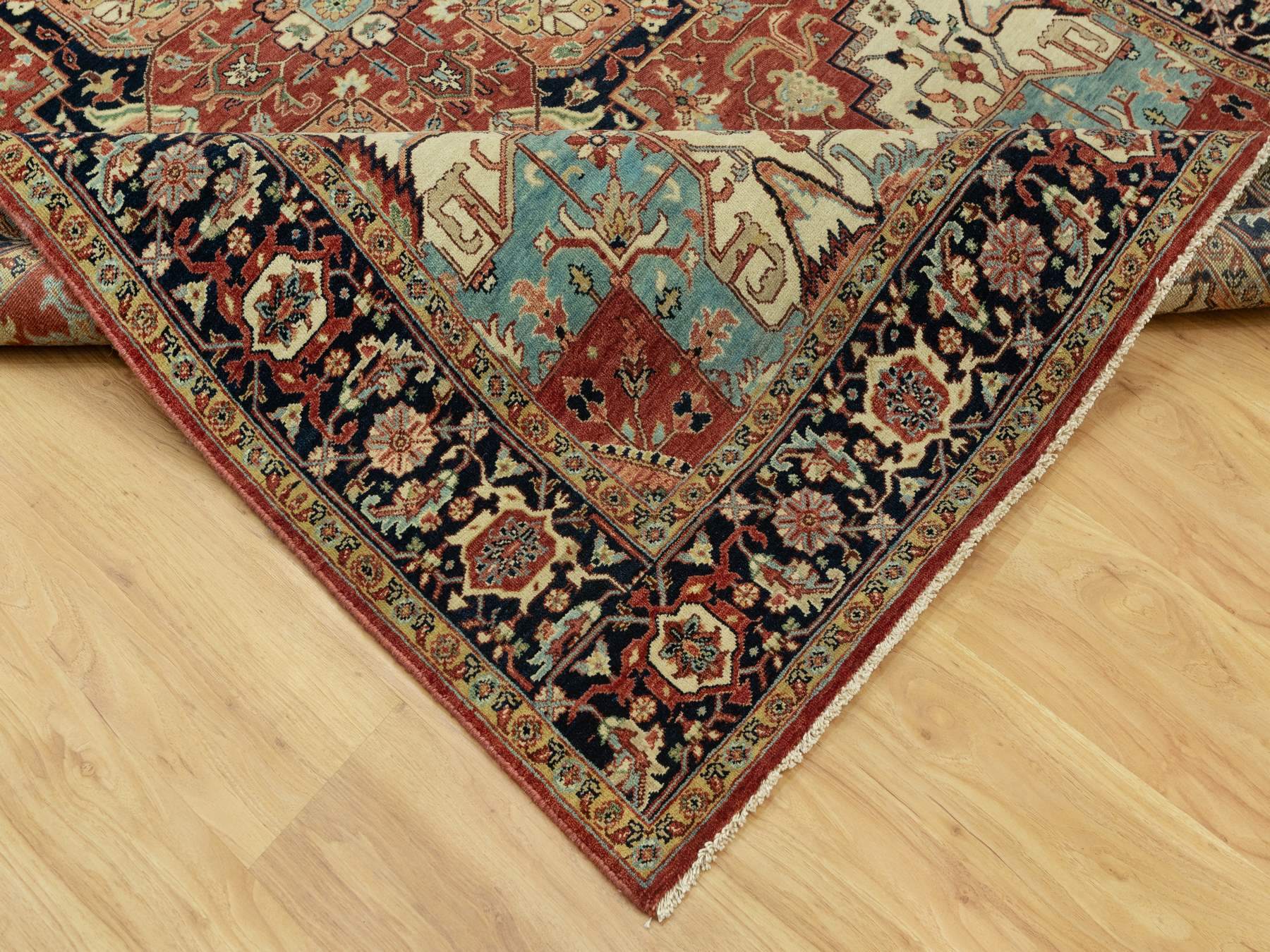 6'x9'1" Tanager Red With Club Navy Blue, Antiqued Fine Heriz, Re-Creation, Hand Knotted All Wool Plush Pile, Densely Woven, Vegetable Dyes, Oriental Rug HR90643 - Image 6