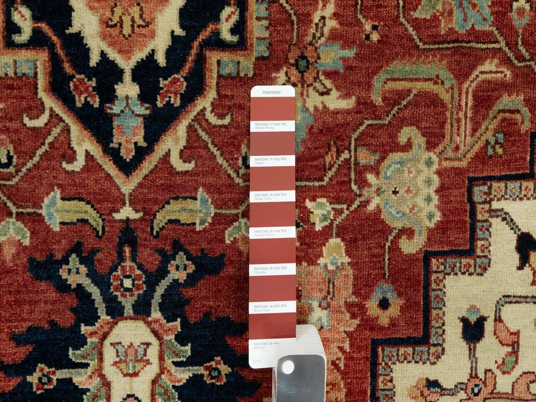 6'x9'1" Tanager Red With Club Navy Blue, Antiqued Fine Heriz, Re-Creation, Hand Knotted All Wool Plush Pile, Densely Woven, Vegetable Dyes, Oriental Rug HR90643 - Image 7