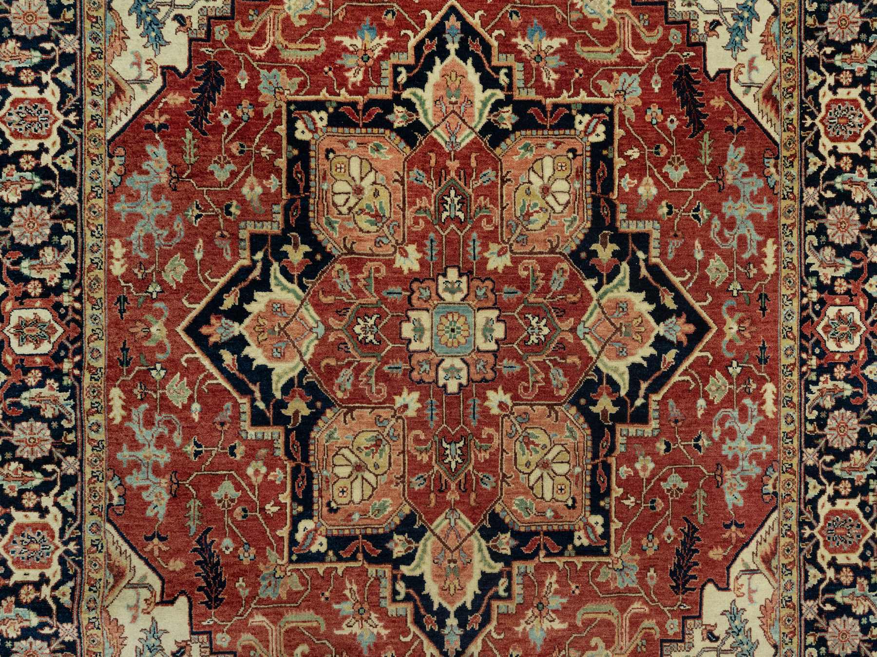6'x9'1" Tanager Red With Club Navy Blue, Antiqued Fine Heriz, Re-Creation, Hand Knotted All Wool Plush Pile, Densely Woven, Vegetable Dyes, Oriental Rug HR90643 - Image 8