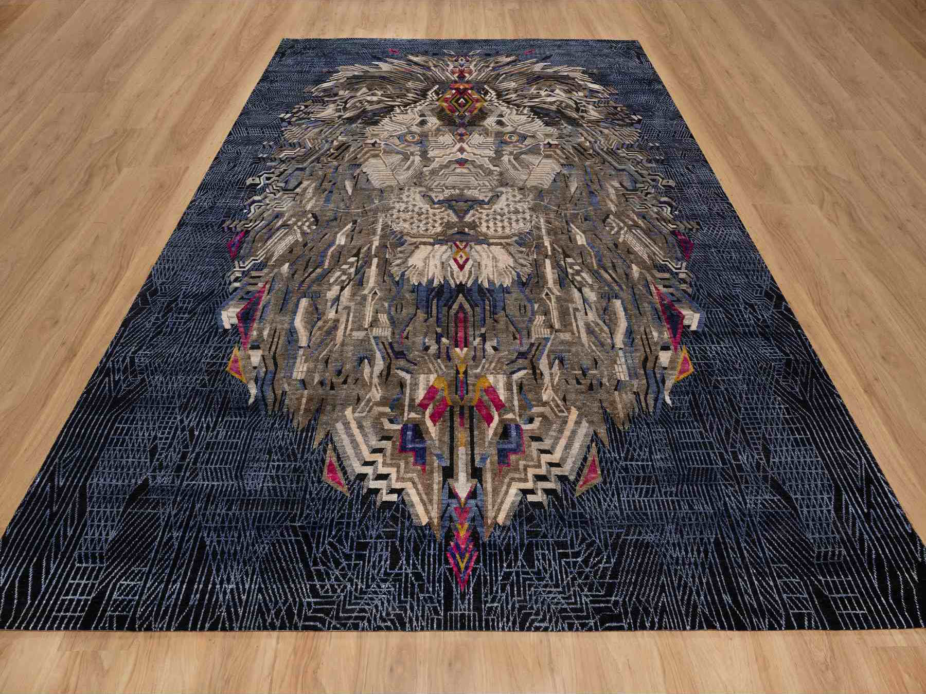 9'1"x12'2" Jade Black with Brown, The Maharaja Lion Novelty, Wool and Silk, Soft to the Touch, Hand Knotted, Oriental Rug HR91172 - Image 2