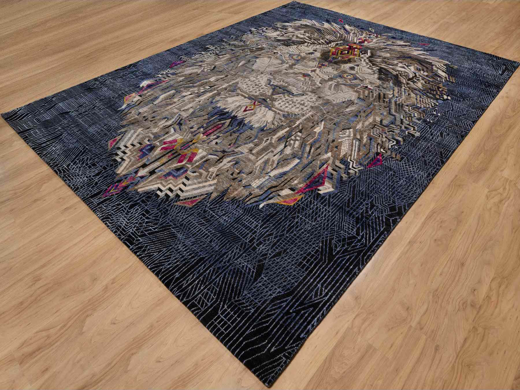 9'1"x12'2" Jade Black with Brown, The Maharaja Lion Novelty, Wool and Silk, Soft to the Touch, Hand Knotted, Oriental Rug HR91172 - Image 3