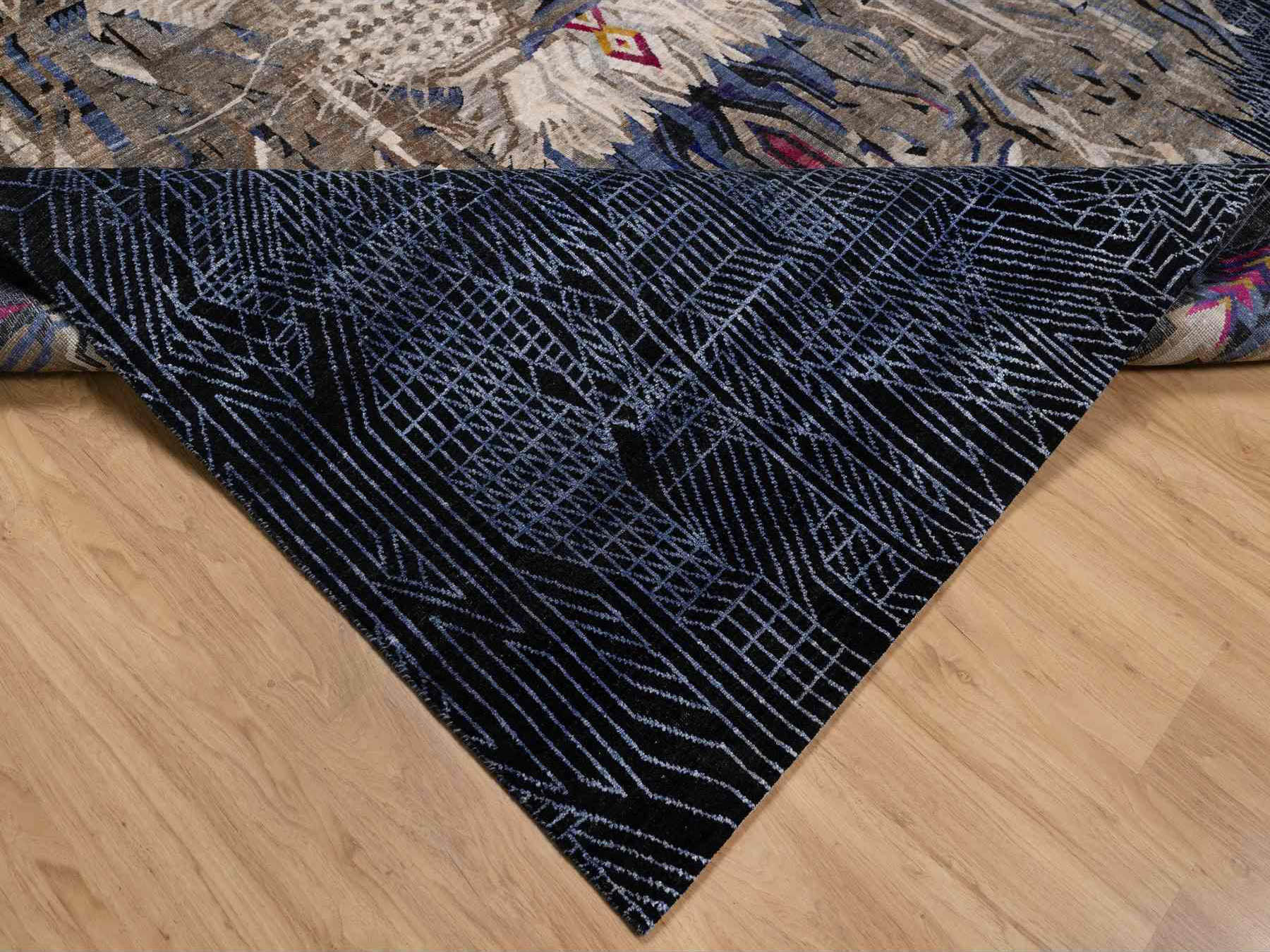 9'1"x12'2" Jade Black with Brown, The Maharaja Lion Novelty, Wool and Silk, Soft to the Touch, Hand Knotted, Oriental Rug HR91172 - Image 6