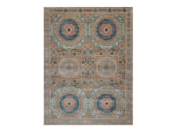 9'x12'1" Wood Brown, Hand Knotted, Mamluk Design with Geometric Medallions, Textured Wool and Silk, Oriental Rug HR91890