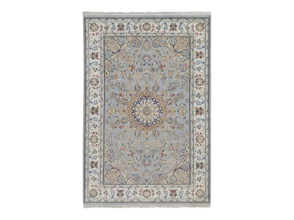 6'1"x9' Stone Blue, 250 KPSI, Nain with Flower Medallion Design, Soft Pile, Wool & Silk, Hand Knotted, Oriental Rug SHR92006