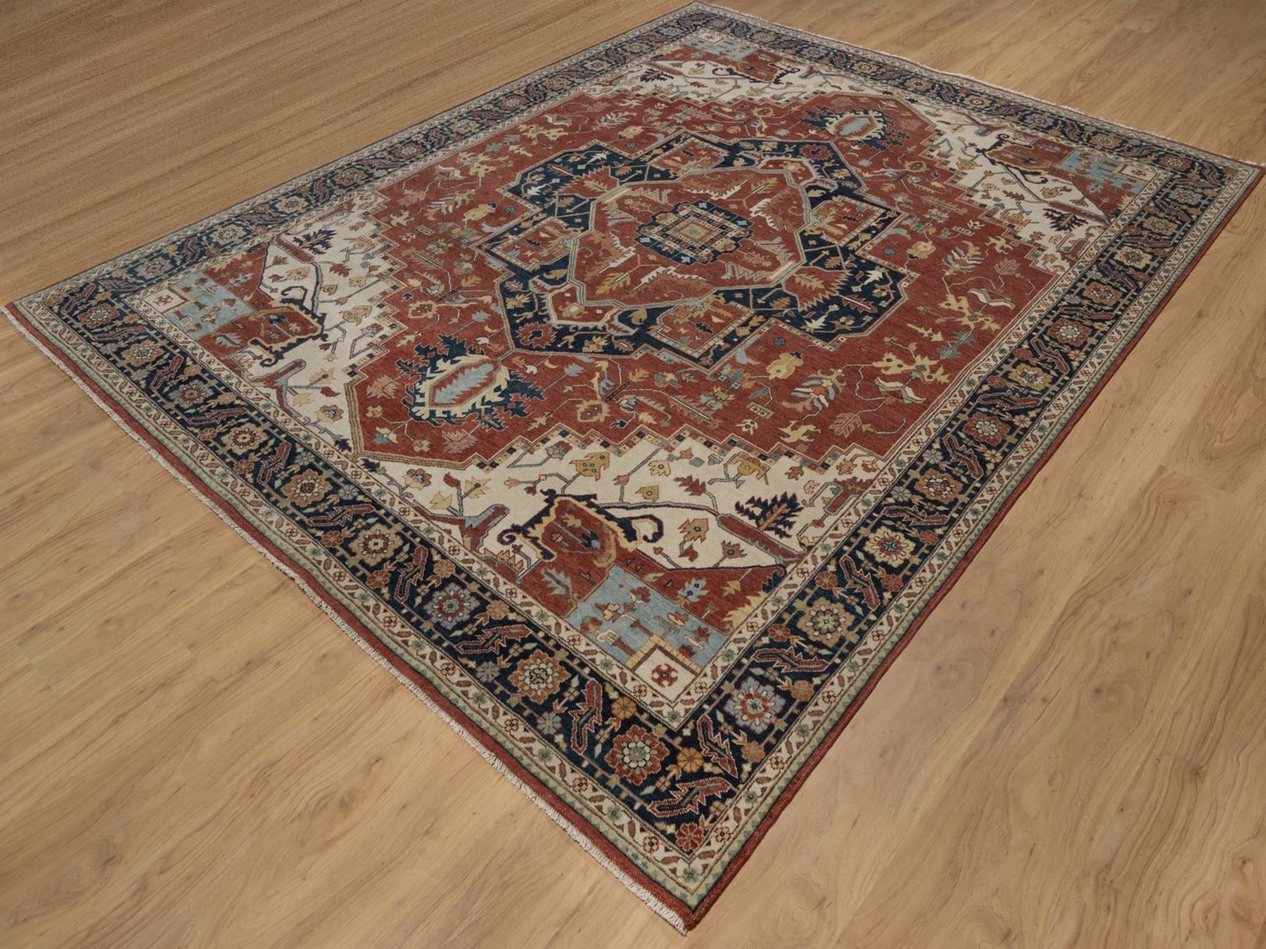 8'x10'1" Auburn Red, Antiqued Fine Heriz Re-Creation, Medallion Design, Denser Weave, Vegetable Dyes, Hand Spun New Zealand Wool, Hand Knotted, Oriental Rug HR92411 - Image 3