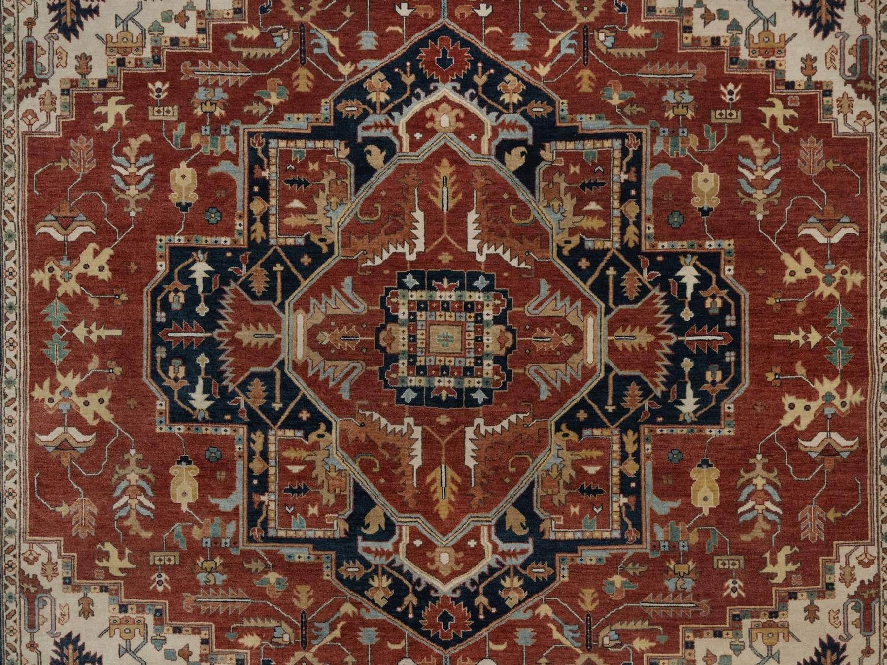 8'x10'1" Auburn Red, Antiqued Fine Heriz Re-Creation, Medallion Design, Denser Weave, Vegetable Dyes, Hand Spun New Zealand Wool, Hand Knotted, Oriental Rug HR92411 - Image 8