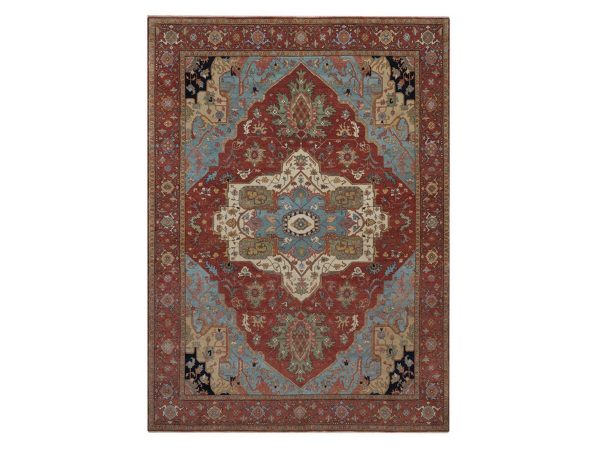 8'10"x12'1" Brick Red, Antiqued Fine Heriz Re-Creation with Medallion Design, Denser Weave, Vegetable Dyes, Hand Spun New Zealand Wool, Hand Knotted, Oriental Rug HR92456