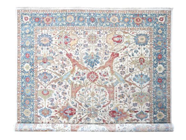 12'x15' Pearl White, 100% Wool, Hand Knotted, Antiqued Persian with Ziegler Mahal Design, Distressed, Oxidized, Zero Pile, Shaved Low, Oversized, Oriental Rug HR10222