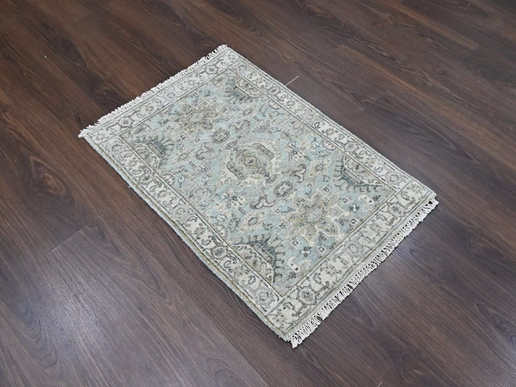 2'x3' Greenish Gray, Pure Wool, Karajeh with Tribal Medallions Design, Hand Knotted, Mat, Sample, Oriental Rug HR10386 - Image 2