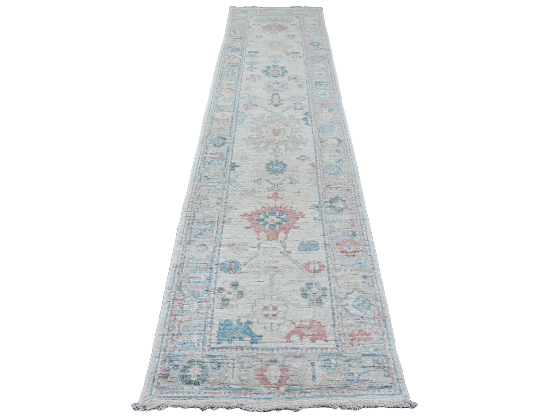 3'x11'8" Bone White, Afghan Angora Oushak with Floral Pattern, Hand Knotted, Veggie Dyes, Pure Wool, Runner, Oriental Rug HR20406