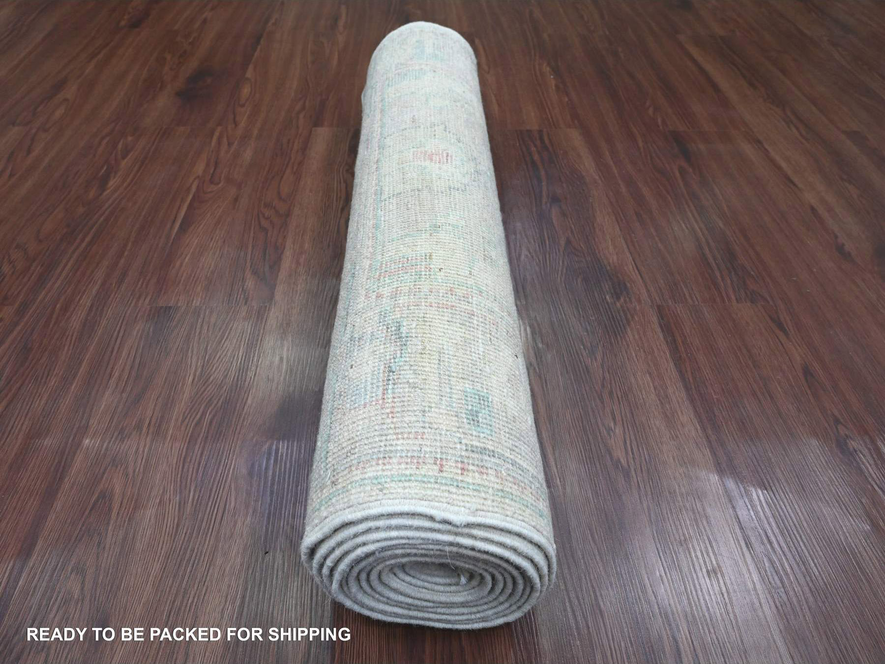 3'x11'8" Bone White, Afghan Angora Oushak with Floral Pattern, Hand Knotted, Veggie Dyes, Pure Wool, Runner, Oriental Rug HR20406 - Image 4