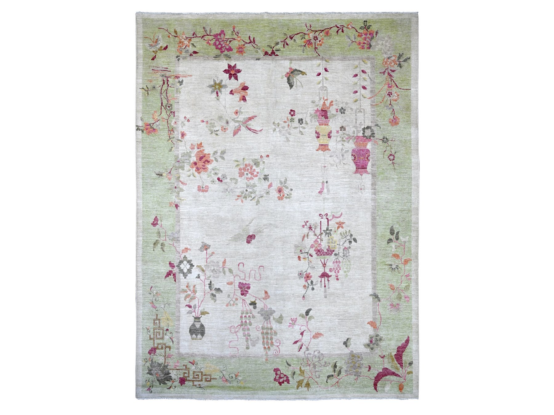 8'10"x12' Misty Gray, Hand Knotted, Chinese Art Deco Inspired Peshawar, Vegetable Dyes, Soft and Shiny Wool, Oriental Rug HR22625