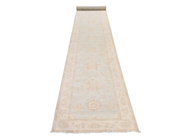 2'8"x15'9" Chiffon White, Washed Out Peshawar with All Over Design, Pure Wool, Hand Knotted, XL Runner, Oriental Rug HR25003