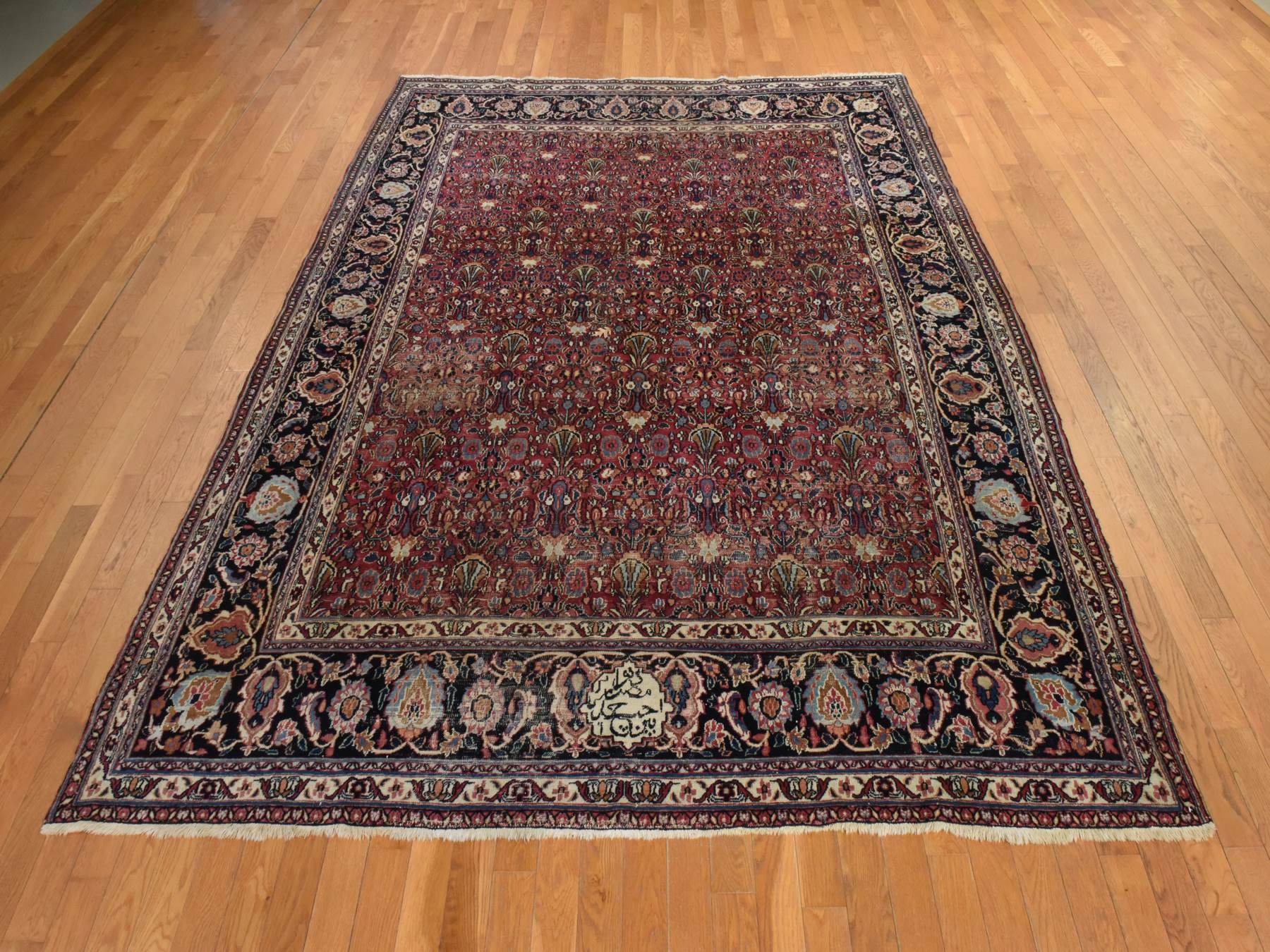 7'7"x10'4" Blush Red, Antique Persian Mashad, Signed, Shabby Chic, Clean, Soft, Sides and Ends Professionally Secured, Slight Wear, Good Condition, Hand Knotted, 100% Wool, Oriental Rug HR25010 - Image 2