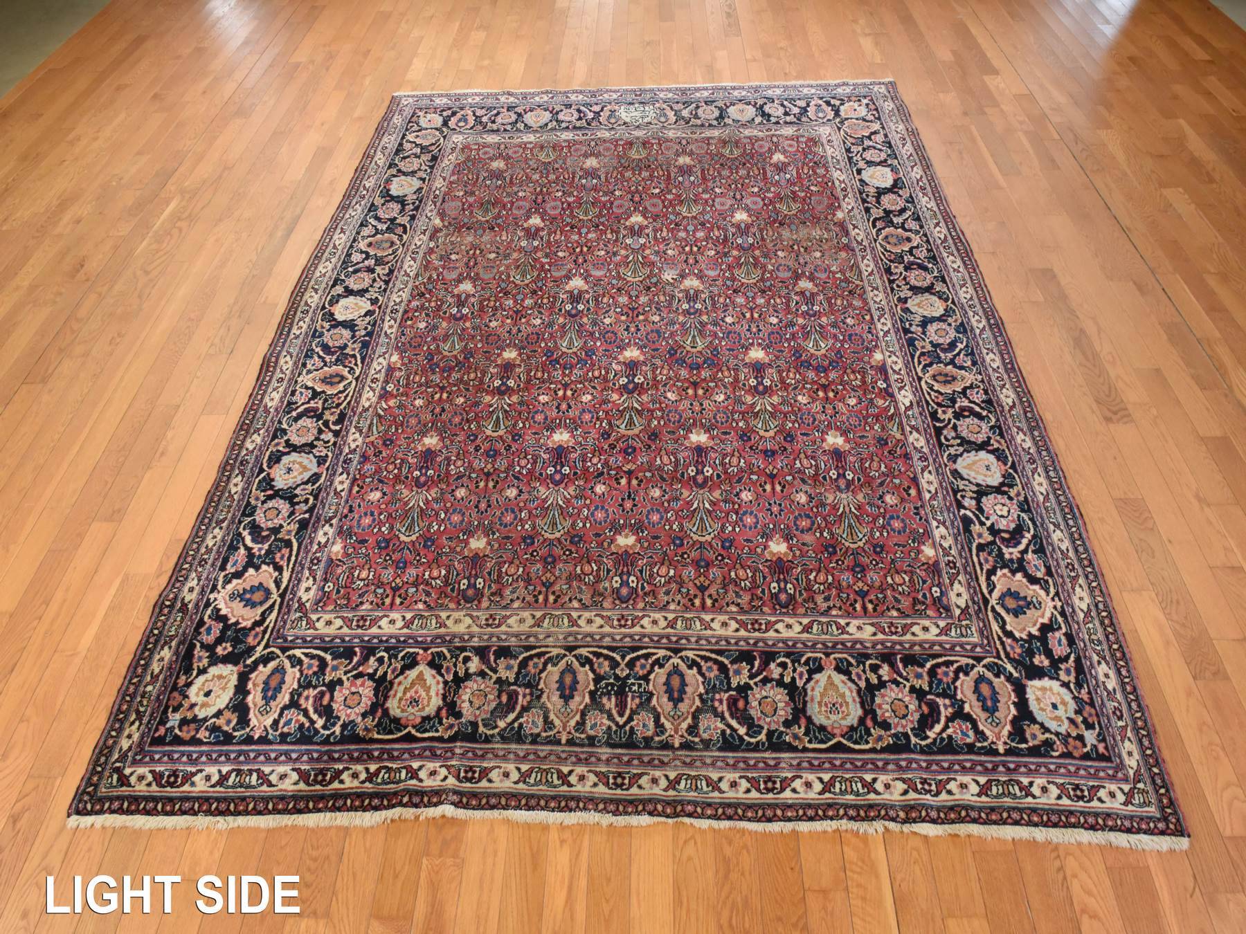 7'7"x10'4" Blush Red, Antique Persian Mashad, Signed, Shabby Chic, Clean, Soft, Sides and Ends Professionally Secured, Slight Wear, Good Condition, Hand Knotted, 100% Wool, Oriental Rug HR25010 - Image 3
