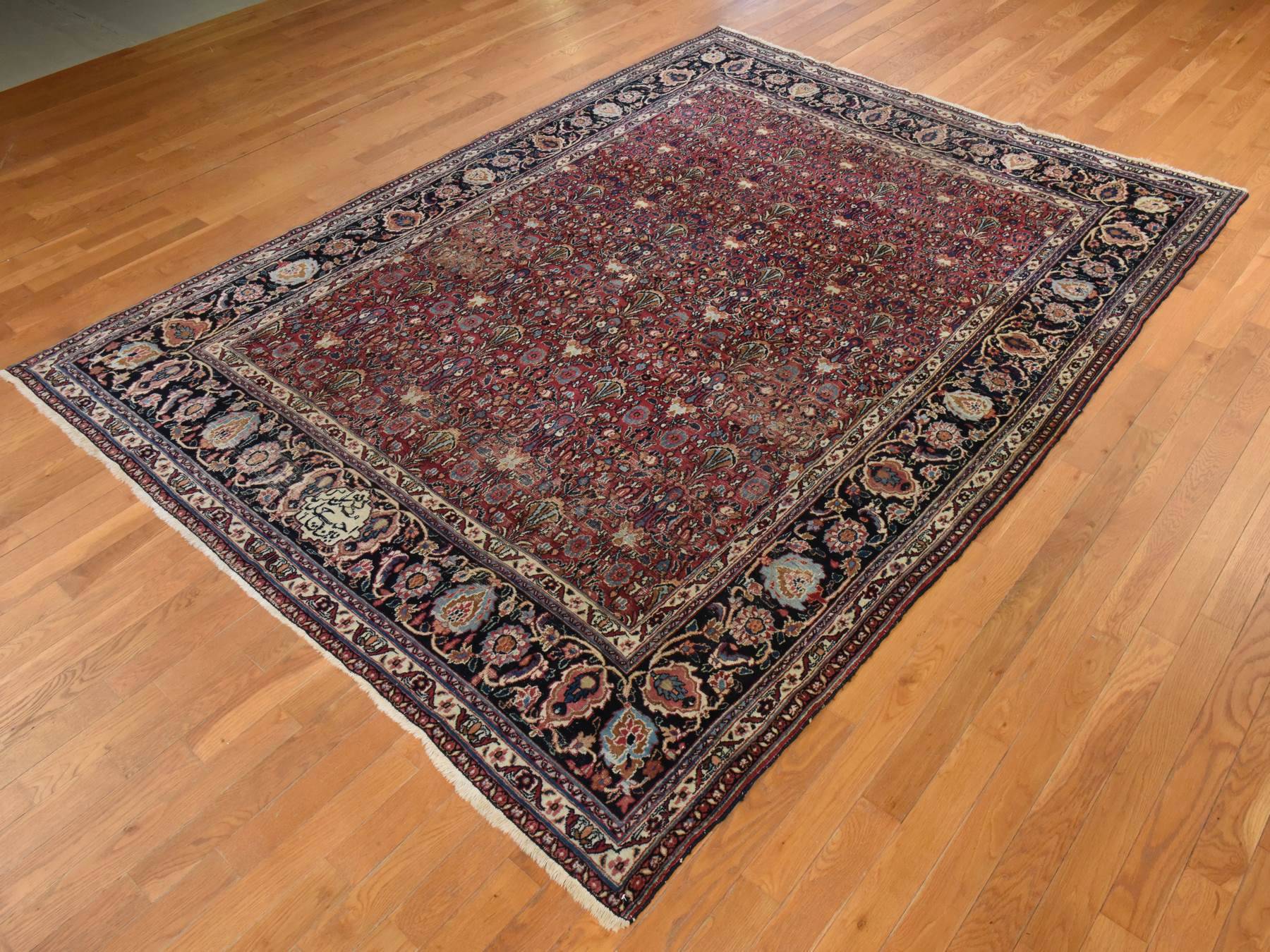 7'7"x10'4" Blush Red, Antique Persian Mashad, Signed, Shabby Chic, Clean, Soft, Sides and Ends Professionally Secured, Slight Wear, Good Condition, Hand Knotted, 100% Wool, Oriental Rug HR25010 - Image 4