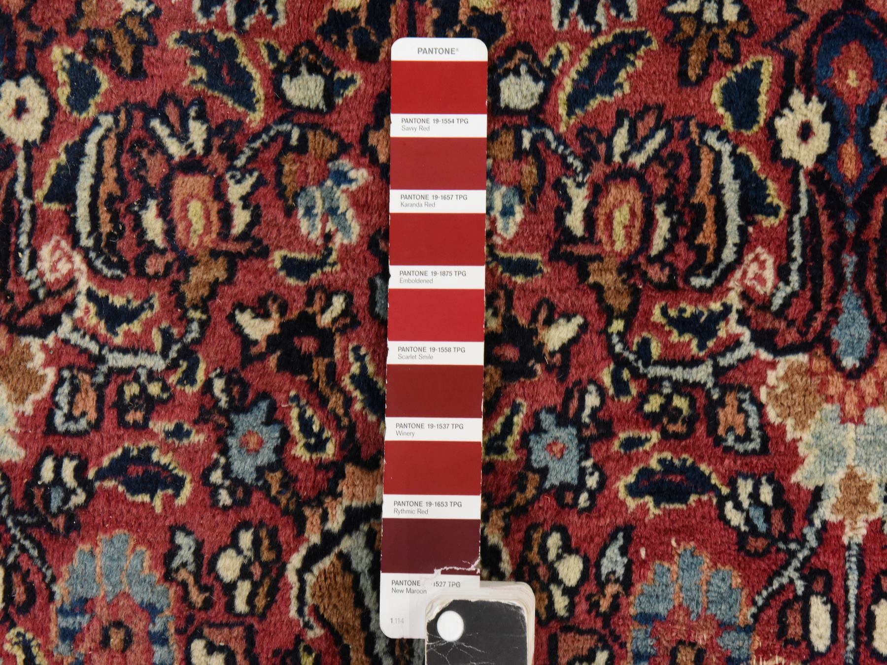 7'7"x10'4" Blush Red, Antique Persian Mashad, Signed, Shabby Chic, Clean, Soft, Sides and Ends Professionally Secured, Slight Wear, Good Condition, Hand Knotted, 100% Wool, Oriental Rug HR25010 - Image 6