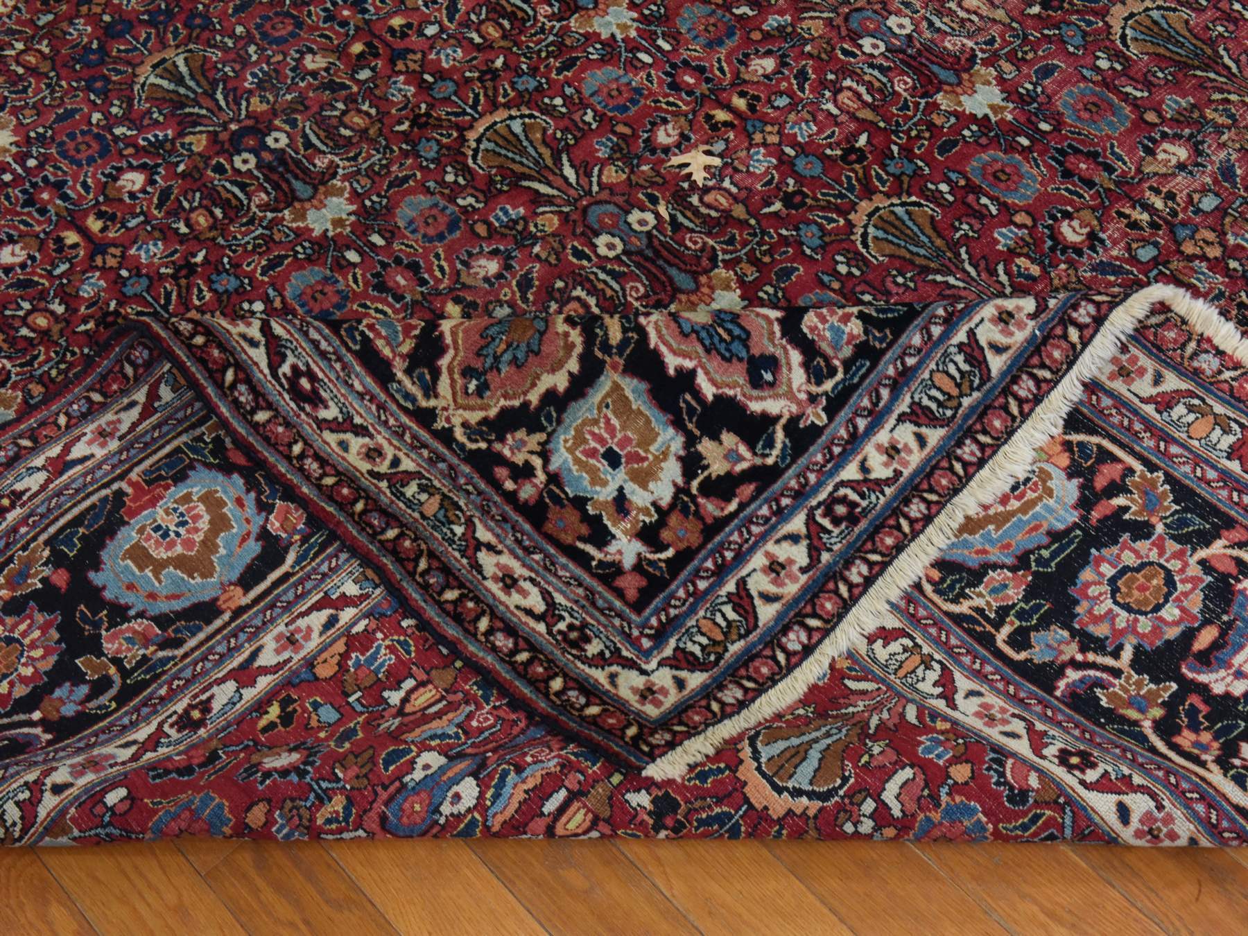 7'7"x10'4" Blush Red, Antique Persian Mashad, Signed, Shabby Chic, Clean, Soft, Sides and Ends Professionally Secured, Slight Wear, Good Condition, Hand Knotted, 100% Wool, Oriental Rug HR25010 - Image 8