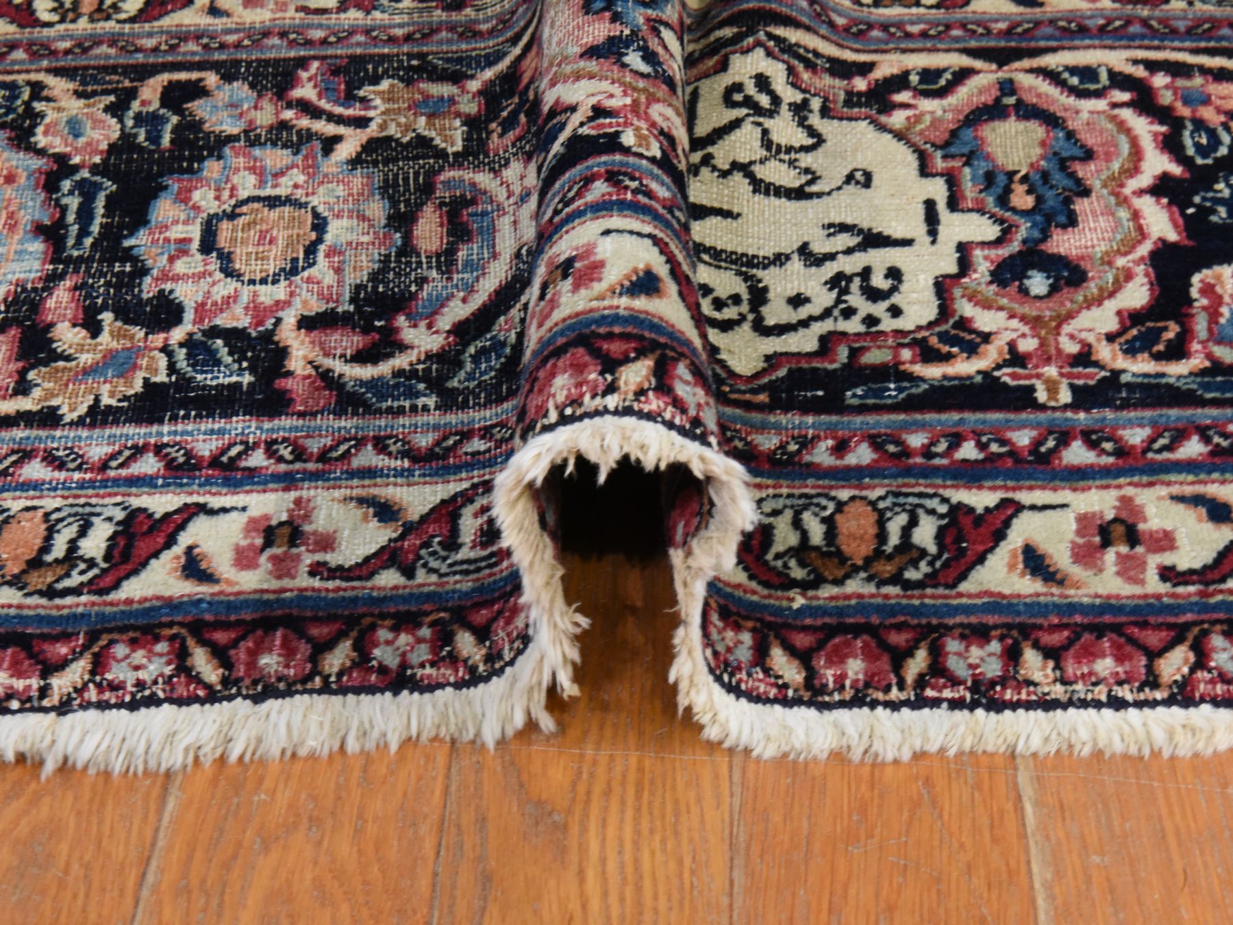 7'7"x10'4" Blush Red, Antique Persian Mashad, Signed, Shabby Chic, Clean, Soft, Sides and Ends Professionally Secured, Slight Wear, Good Condition, Hand Knotted, 100% Wool, Oriental Rug HR25010 - Image 9