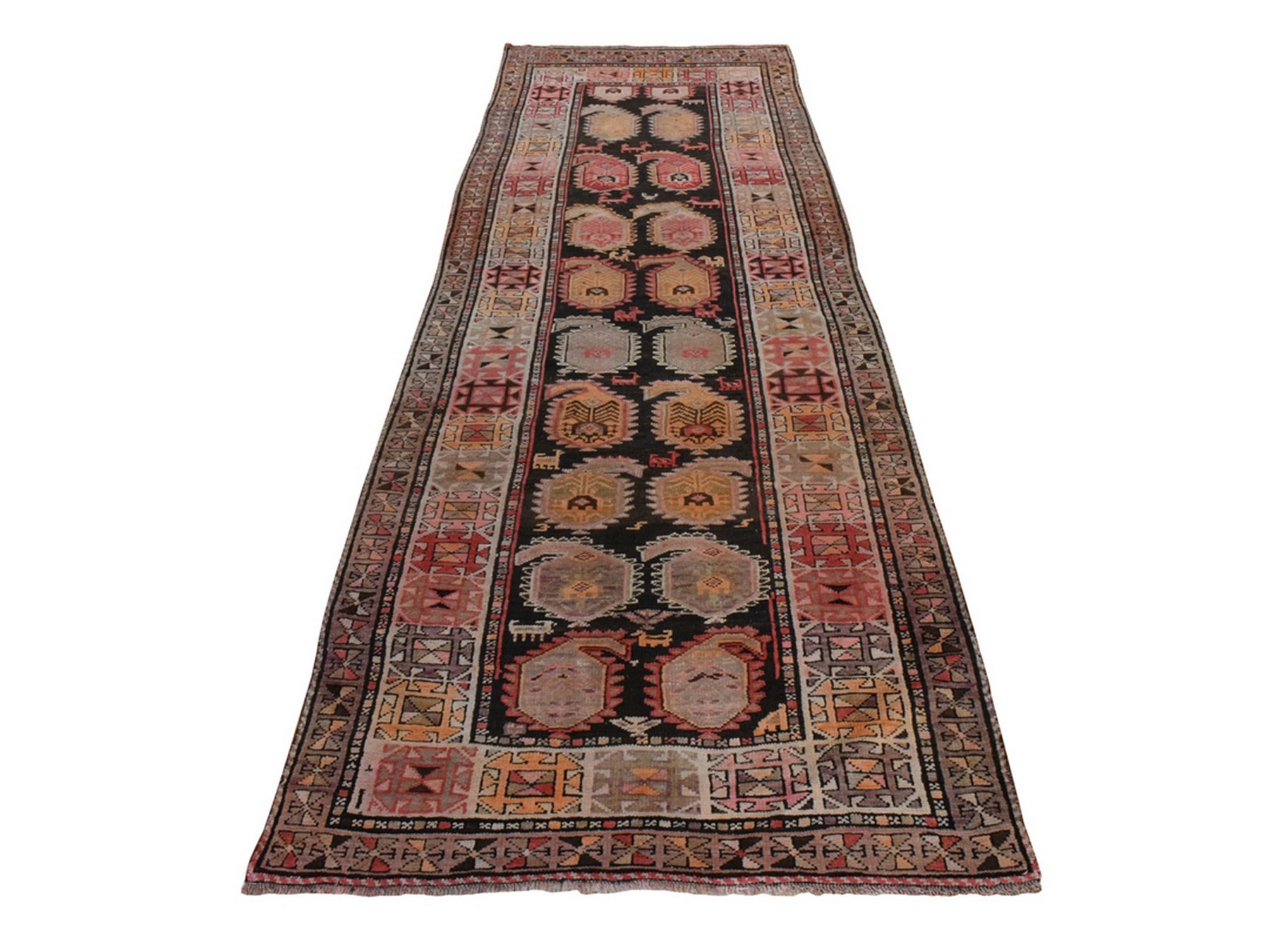3'5"x10' Chocolate Brown, Caucasian Karabagh with Paisley Design, Very Good Condition, Clean and Soft, 100% Wool, Hand Knotted, Wide Runner, Oriental Rug HR25014