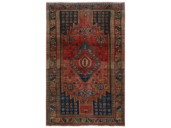 4'4"x7' Sunset Colors, Vintage Persian Shiraz with Large Medallion and Bird Figurines, Distinct Abrash, 100% Wool, Hand Knotted, Sheared Low, Bohemian, Oriental RugHRh2639