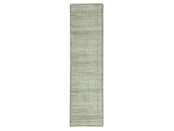 2'7"x11'10" Beaver Brown with Ivory, Oxidized and Distressed Grass Design with Exposed Warps, 100% Wool, Hand Knotted, Runner, Oriental Rug HR77073