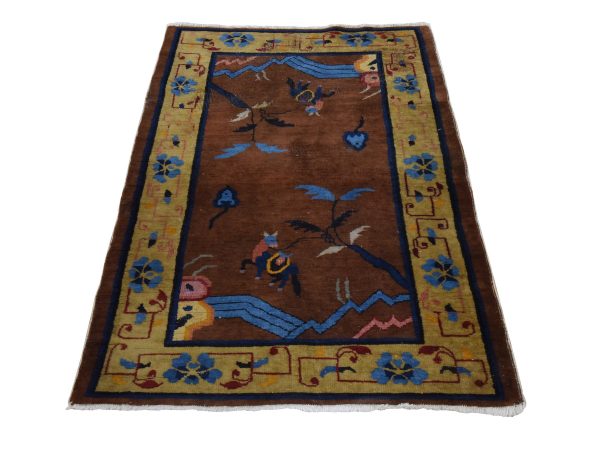 3'x4'9" Mocha Brown, Antique Chinese Art Deco, Good Condition, Some Wear, Sides and Ends Professionally Secured, Oriental Rug HR78979