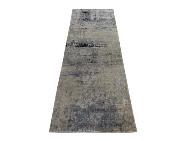 2'8"x7'10" Beige-Gray, Modern Abstract Design, Hi-low Pile, Hand Knotted, Wool & Silk, Runner, Oriental Rug HR78981