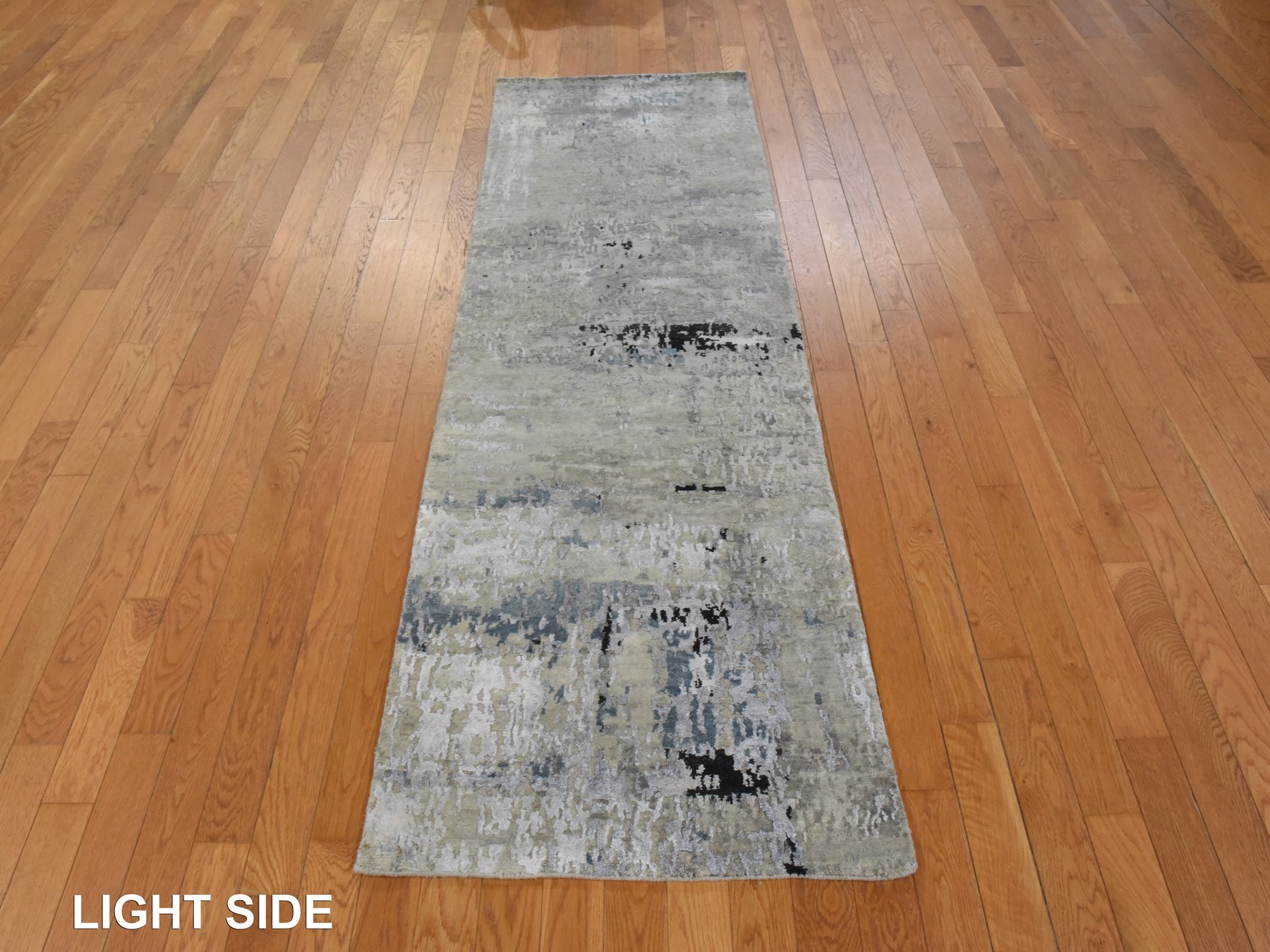2'8"x7'10" Beige-Gray, Modern Abstract Design, Hi-low Pile, Hand Knotted, Wool & Silk, Runner, Oriental Rug HR78981 - Image 2