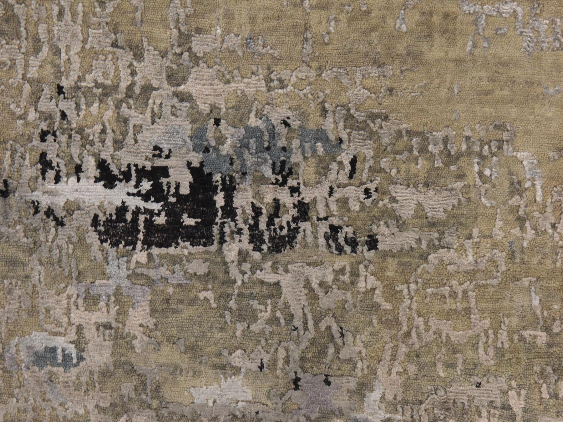 2'8"x7'10" Beige-Gray, Modern Abstract Design, Hi-low Pile, Hand Knotted, Wool & Silk, Runner, Oriental Rug HR78981 - Image 3