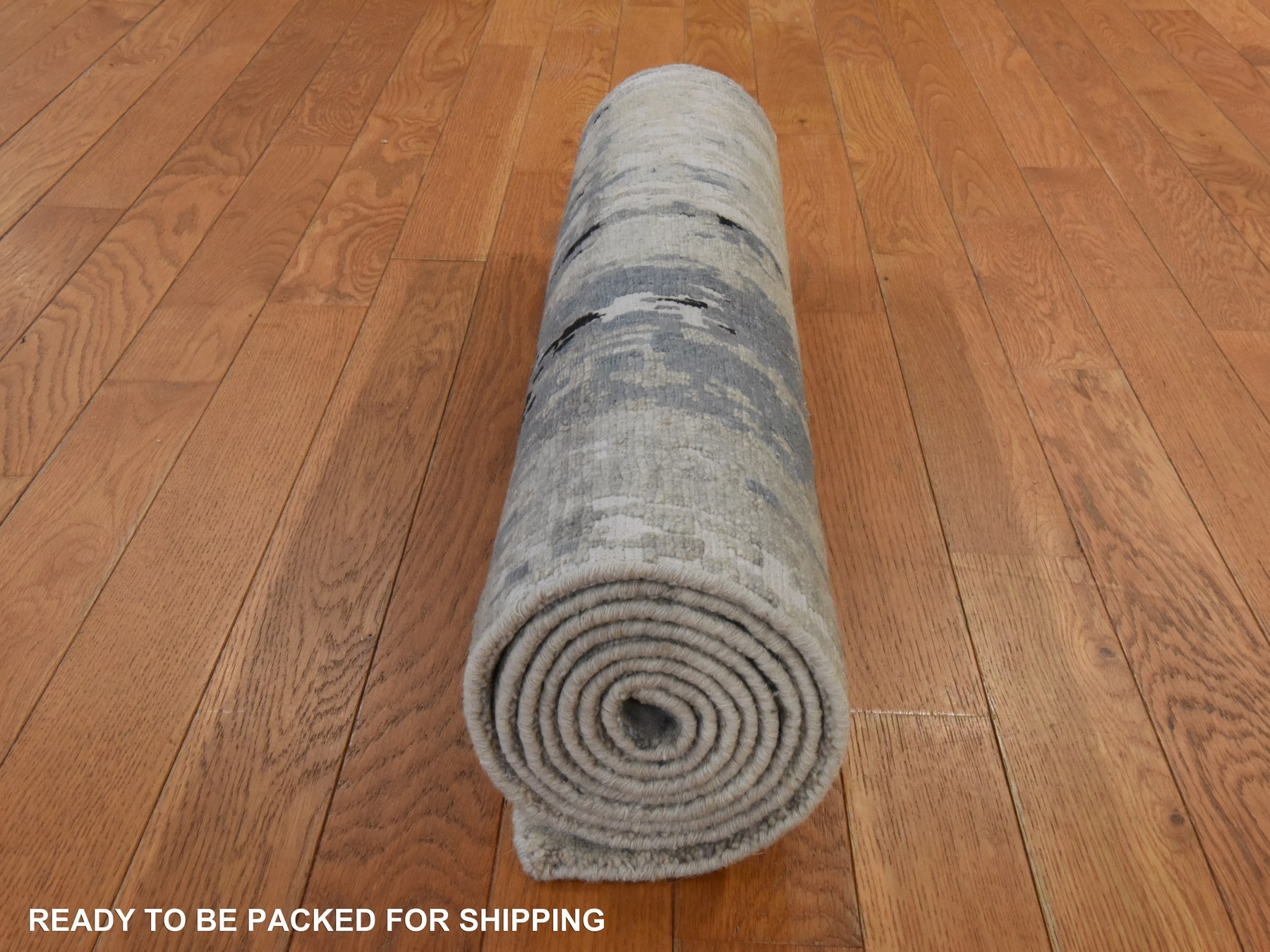 2'8"x7'10" Beige-Gray, Modern Abstract Design, Hi-low Pile, Hand Knotted, Wool & Silk, Runner, Oriental Rug HR78981 - Image 7