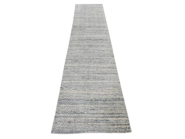 2'6"x11'10" Ice Blue, Hand Loomed, Variegated Textured Design, Pure Wool, Modern, Runner, Oriental Rug HR78982