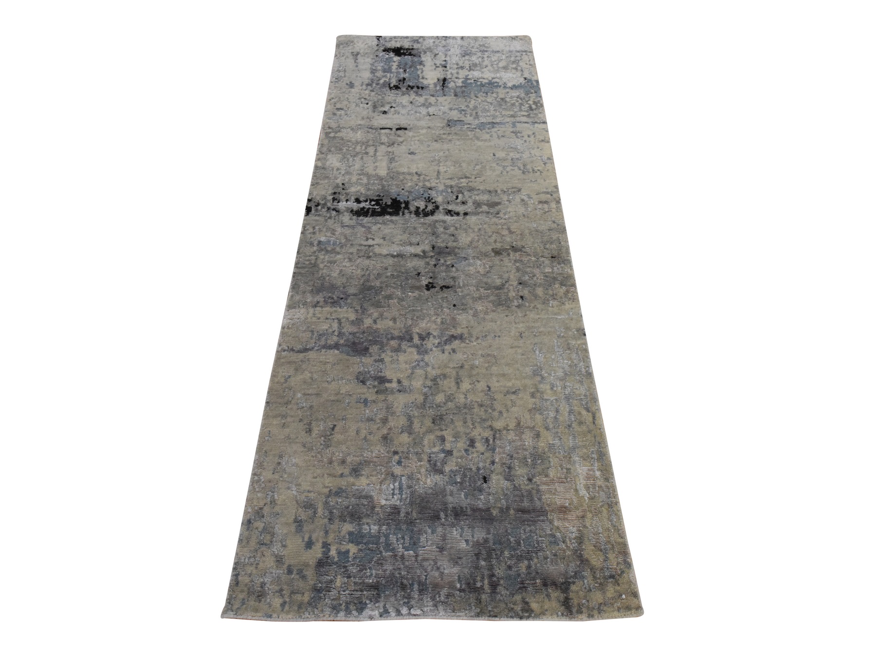 2'8"x7'10" Beige-Gray, Modern Abstract Design, Hand Knotted, Wool & Silk, Hi-low Pile, Runner, Oriental Rug HR78983