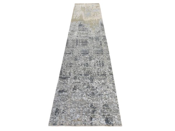 2'5"x12'1" Stone Gray, Modern Abstract Design, Dense Weave, Wool and Silk, Hand Knotted, Runner, Oriental Rug HR78985