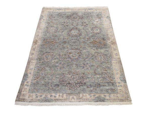 3'1"x5' Gray-Green, Mughal Design, Silk with Textured Wool, Hand Knotted, Oriental Rug HR78986