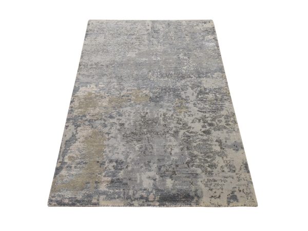 3'x5' Misty Gray, Modern Erased Design, Wool and Silk, Hand Knotted, Oriental Rug HR78987