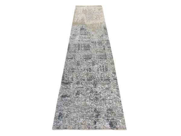 2'6"x12'4" Stone Gray, Modern Abstract Design, Wool and Silk, Denser Weave, Hi-Low Pile, Hand Knotted, Runner, Oriental Rug HR78988