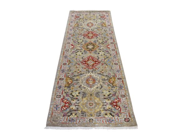 2'8"x7'10" Biscotti Beige, THE SUNSET ROSETTES, Wool and Pure Silk, Hand Knotted, Runner, Oriental Rug HR78989