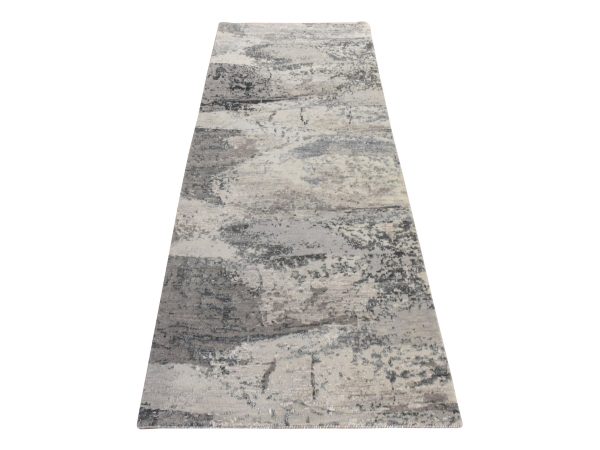 2'8"x7'8" Shades of Gray, Modern Abstract Design, Hi-Low Pile, Wool and Silk, Hand Knotted, Runner, Oriental Rug HR78992