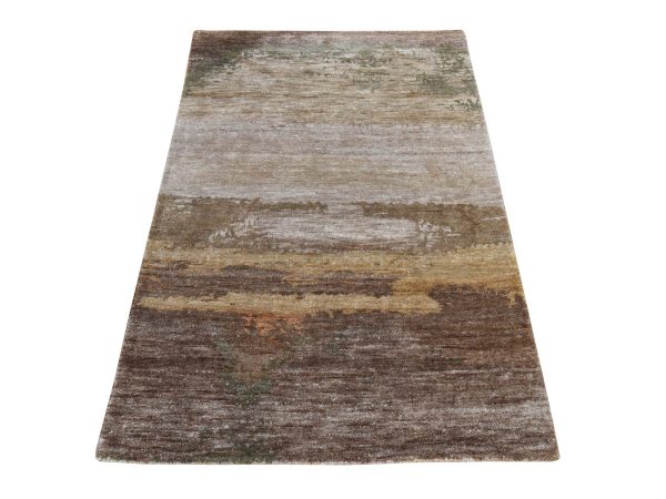 3'x5' Shades of Brown with Earth Tone Colors, Modern Abstract Design, Wool and Silk, Hand Knotted, Oriental Rug HR78995