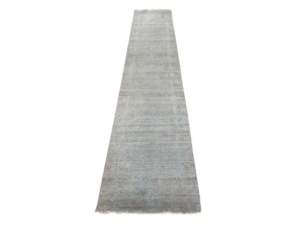 2'7"x14' Ice Blue, Broken Persian Design, Tone on Tone, Wool and Silk, Hand Knotted, Runner, Oriental Rug HR78996